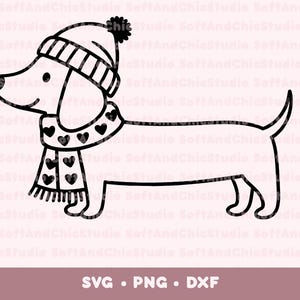 Op de afbeelding: Een zwart-witte lijntekening van een teckel met een wintermuts en sjaal. De sjaal is versierd met hartvormen. De afbeelding bevat onderaan de tekst "SVG • PNG • DXF".