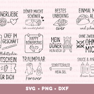 Könnte beinhalten: Schwarz-weiße Illustrationen zum Thema Döner Kebab. Enthält Texte wie "Dönerliebe" und "Happy Dönnerstag" sowie Bilder von Dönern, Herzen und einem Gutschein.