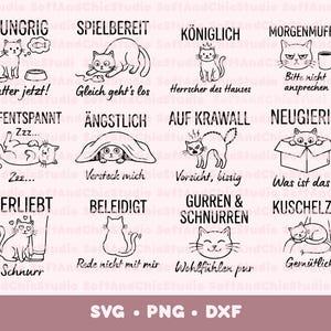 Può includere: Una collezione di illustrazioni di gatti in bianco e nero con testo in tedesco, che mostrano varie espressioni feline. Ogni gatto è raffigurato in pose diverse, con frasi come "Affamato", "Giocoso" e "Innamorato".