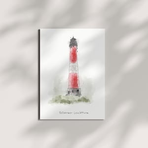Könnte beinhalten: Eine Aquarell-Illustration eines rot-weißen Leuchtturms mit dem Text "Pellworm Leuchtturm" unten.