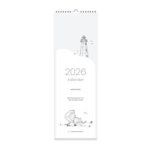 May include: A white 2026 calendar with a lighthouse illustration. The calendar has a spiral binding at the top and features the word "Kalender" and other text in a minimalist design. The bottom of the calendar has an illustration of a boat.