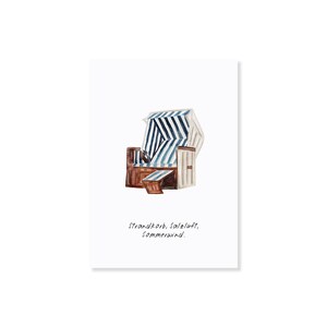 May include: Watercolor illustration of a beach chair with blue and white striped canopy. The chair is brown with a small footrest. The text "Strandkorb, Seair, Sommerwind" is written below the chair.