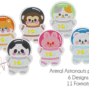 May include: Embroidered patches featuring six different animal astronauts: a dog, monkey, cat, rabbit, panda, and bear. Each animal is wearing a spacesuit and helmet. The text "Animal Astronauts package" is also included.