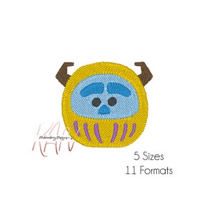 May include: Embroidered design of a yellow and blue character with purple stripes and brown horns. The character has a blue face with two black eyes and a blue nose. The text "5 Sizes" and "11 Formats" is below the character.