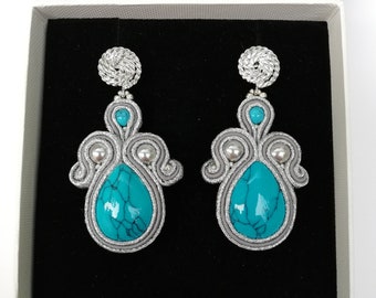 Turquoise soutache earrings, silver blue earrings, handmade stud earrings