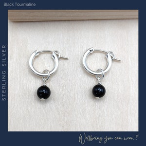 Black Tourmaline Sterling Silver Huggie Hoop Earrings: Boho Style Crystal Jewellery