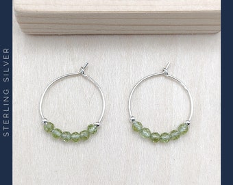 Peridot hoop earrings in Sterling Silver, Crystal Wellbeing Jewellery, Green quartz Gemstone chips, Boho Contemporary, Gift for her