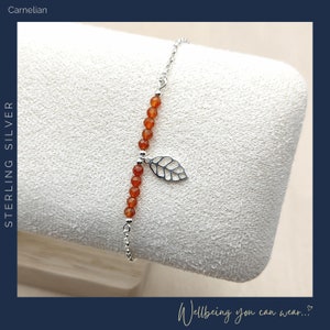 Carnelian Leaf Charm Bracelet: Sterling Silver, Boho Style Crystal Jewellery, Friendship Bracelet