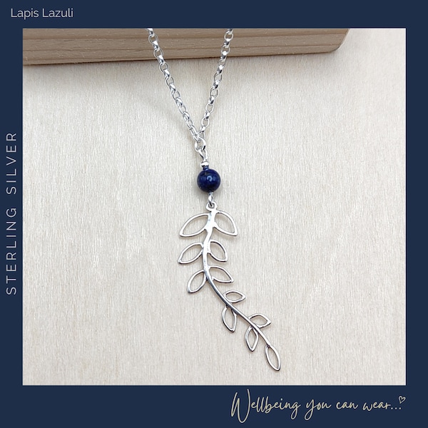 Lapis Lazuli Willow Leaf pendant necklace in Sterling silver, Crystal Wellbeing Jewellery, Blue Gemstone, Boho contemporary, Gift for her