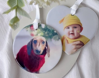 Custom photo gift, Christmas tree photo bauble, personalised baby keepsake for family, custom pet gift for friends, dog tree decoration.