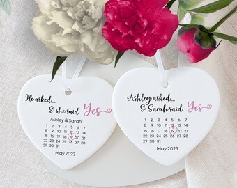 Personalized Engagement Day Ceramic Ornament: He Asked, She Said Yes
