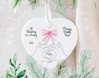 1st Christmas As A Family of 3 Personalised Tree Decoration, Baby and parents holding hands print art