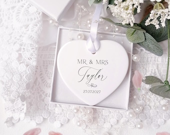 Personalised Wedding Day Keepsake, Ceramic hanging Heart for Mr & Mrs, Mr and Mr, Mrs and Mrs. Gift box available