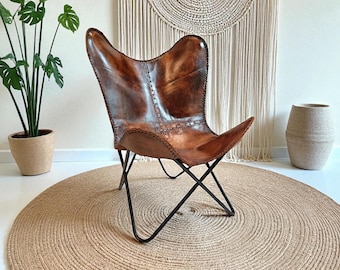 Echte lederen vlinderstoel, relaxstoel, rustieke fauteuil, accentterrasmeubilair, tuinmeubilair, vintage klapstoel, cadeau