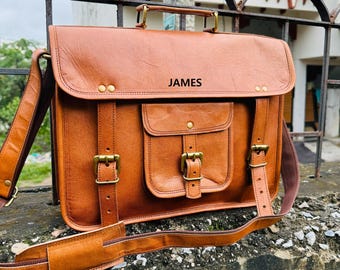 Personalized Leather Messenger Bag: Distressed Crossbody Laptop Briefcase