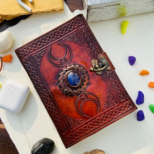 Handmade Small Journal Vintage Leather Journal Third Eye Crystal Stone Triple Moon journal, Grimoire, Spell Book of Shadows Leather Gifts