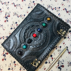 Handmade Leather Journal Seven Stone Chakra Leather Journal with Lock, Large Leather Grimoire Journal Notebook Lined/Unlined Vintage Paper