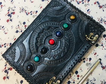 Handmade Seven Stone Chakra Leather Journal with Lock
