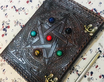 Personalized Leather Journal, Pentagram Book of Shadows, Grimoire with Lock