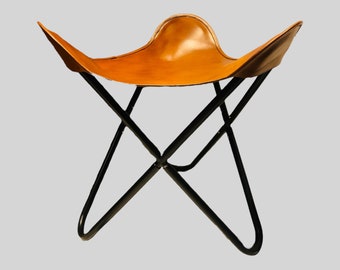 Leather Butterfly Stool - Folding Camping Stool - Portable Leather Footrest - Handmade Tripod Stool - Industrial Accent Chair - Gift for Him