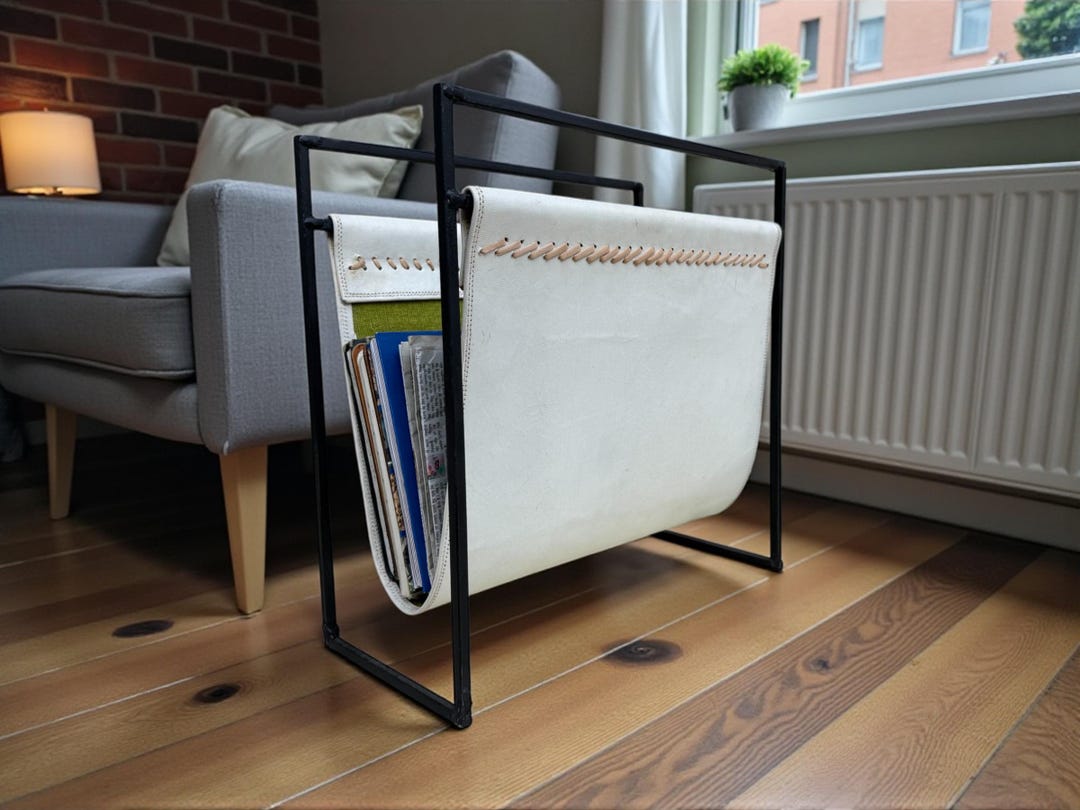 White Leather Magazine Rack, Mid Century Paper Storage - Etsy