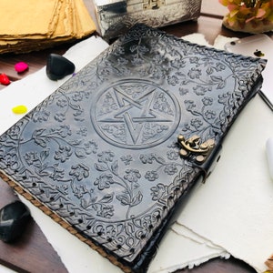 Leather Journal Book Of Shadows, Large Leather Journal,  Black Journal, Note Book, Pentagram Journal, Spell Book, Diary, Leather Grimoire