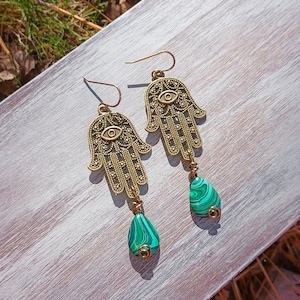 Hamsa Hand Earrings//Malachite Earrings//Wire Wrap Earrings//Evil Eye Protection//Grief Jewelry//Tranformation Stone//Pewter and Brass//