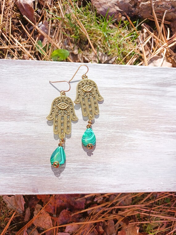 Hamsa Hand Earrings malachite Earrings wire Wrap Earrings evil