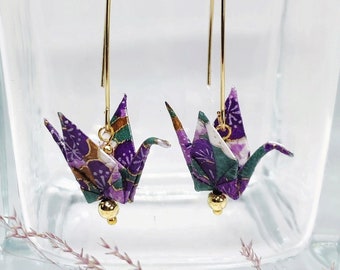 Origami crane earrings made from Japanese washi paper