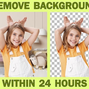 May include: Image shows a young person with blonde hair wearing an orange shirt and white overalls, smiling with their hands up in a bunny ear gesture. The text "REMOVE BACKGROUND" and "WITHIN 24 HOURS" are displayed in green.