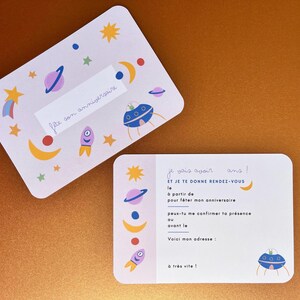 Cartons d'invitation espace fond rose-  anniversaire enfant  - Prêts à personnaliser - Lot de 6 cartons