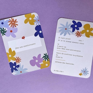 Cartons d'invitation flower power -  anniversaire enfant fleurs - Prêts à personnaliser - Lot de 6 cartons