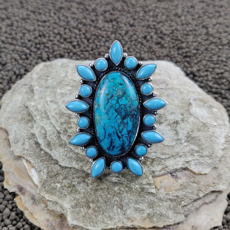 Chrysocolla Sleeping Beauty Turquoise Natural Gemstone 925 Solid Sterling Silver Statement Jewelry Adjustable Ring