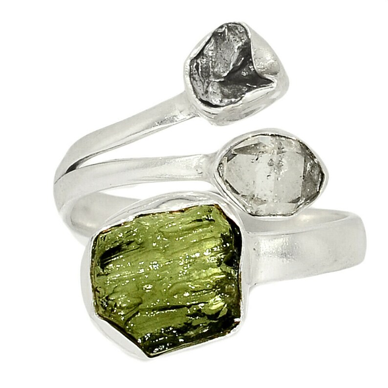 Herkimer Diamond Natural Gemstone 925 Solid Sterling Silver Handmade Adjustable Ring Authentic Moldavite Rough