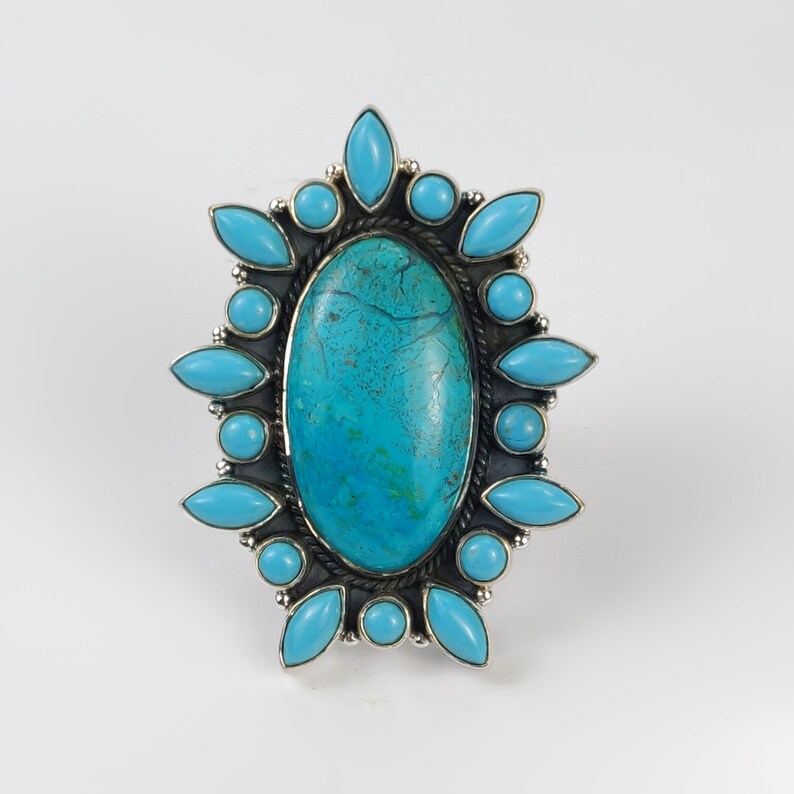 Turquoise Natural Gemstone 925 Solid Sterling Silver Statement Jewelry Adjustable Ring Chrysocolla