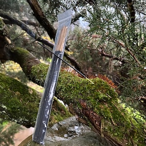 May include: A package of black incense sticks wrapped in clear plastic, with one stick burning and releasing smoke. The package is resting on a mossy tree branch.