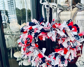 Patriotic rag heart wreath