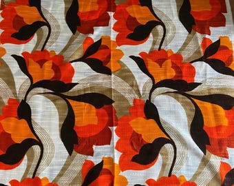 Vintage 70s Floral Fabric Yardage: Groovy Orange Mid-Century Upholstery