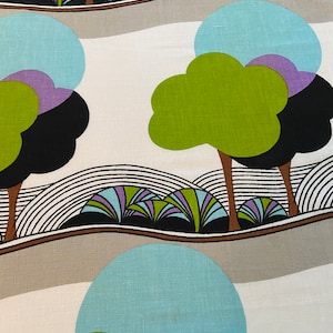 May include: A white fabric with a repeating pattern of stylized trees and blue circles. The trees are green, black, and purple. The circles are light blue.
