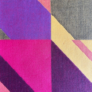 May include: Abstract textile pattern featuring geometric shapes in vibrant colors. The design includes sections of deep purple, hot pink, light pink, beige, and dark gray, creating a bold and modern aesthetic. The fabric has a textured appearance.
