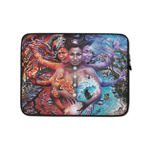 May include: A colorful laptop sleeve featuring a painting of four women with different colored hair and skin tones. The women are intertwined and appear to be representing the four elements: fire, water, earth, and air. The background is a vibrant mix of colors and textures.