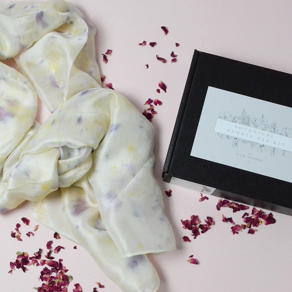 Botanical Bundle Dye Kit for Beginners including pure silk scarf for natural dyeing, with instructions and botanical dried plant dyes
