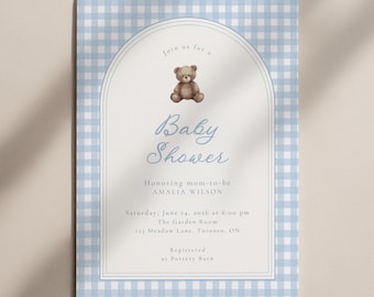 Baby Shower Invitation Blue Gingham Teddy Bear Nursery Gender Neutral Invite Template