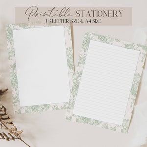 Carta da lettere verde salvia stampabile con motivo floreale, stile country, cancelleria per matrimonio, fascino vintage, download digitale, note per pianificatore di casa e ufficio