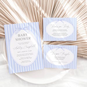 Ensemble d'invitations pour baby shower avec nœud bleu, carte de demande de livre d'invitation neutre pour nouveau-né, lot d'invitations à une fête personnalisées, à télécharger, remerciement pour les couches