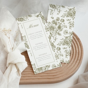 Olive Green Menu Template Editable Garden Wedding Card French Country Rustic Elegant Reception Table Decor Printable
