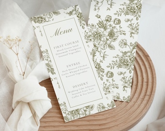 Plantilla de menú verde oliva editable, tarjeta de boda de jardín, decoración de mesa de recepción rústica y elegante de estilo campestre francés, imprimible.