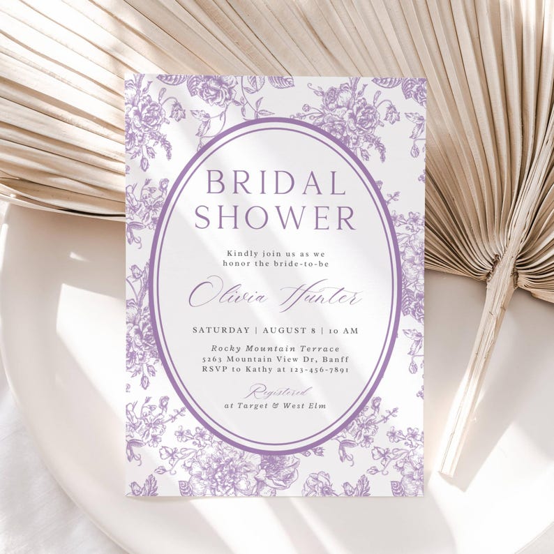 Purple floral bridal shower invitation with vintage garden border and oval frame, editable template for weddings and parties purple floral french toile design party supply