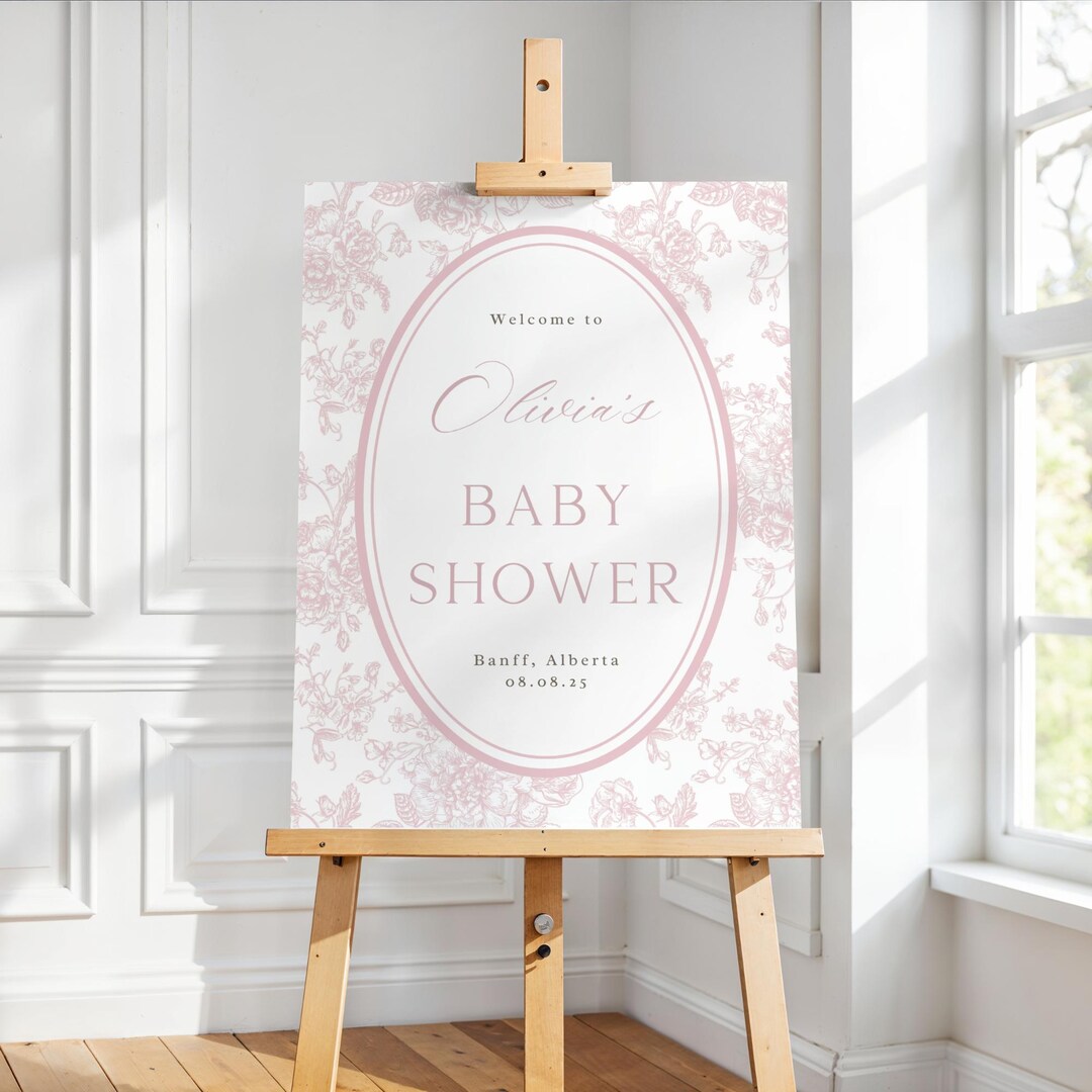 Light Pink Floral Toile Welcome Sign Baby Shower Template Editable ...