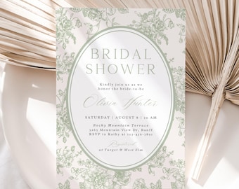 Vintage Floral Bridal Shower Invitation: Sage Green Chinoiserie (Digital Download)